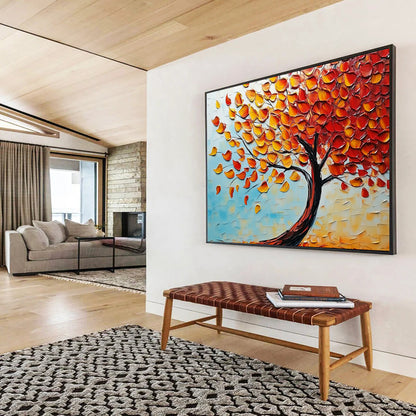 “Textured Autumn Tree” - Orange, Yellow, Red Leaves, Blue Sky, Palette Knife Landscape Painting On Canvas HB1100