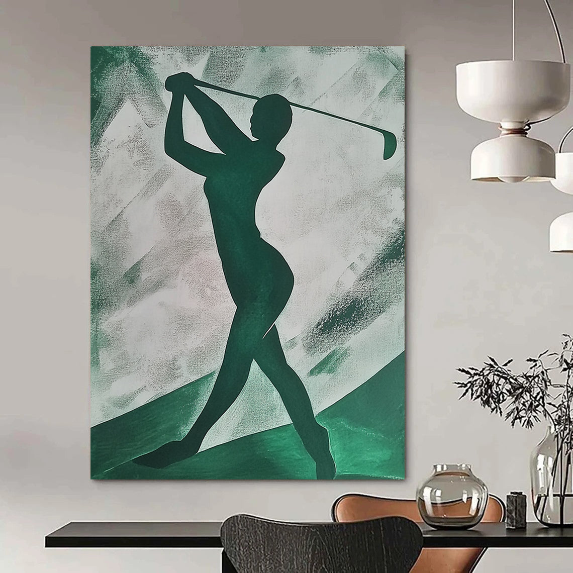 Contemporary abstract painting featuring an emerald green silhouette of a woman playing golf on textured paper with simple shapes. DLZ1406