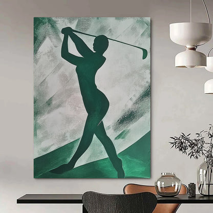 Contemporary abstract painting featuring an emerald green silhouette of a woman playing golf on textured paper with simple shapes. DLZ1406