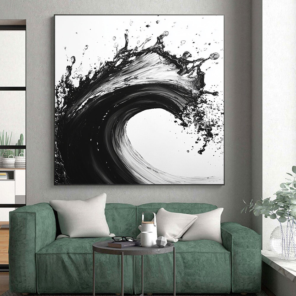 Black and White Explosive Wave "Wild Surge" Painting On Canvas HB286
