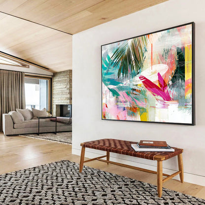 “Colorful Tropical Leaf Collage” - Colorful Palette, Tropical Leaves, Abstract Collage Painting On Canvas HB0854