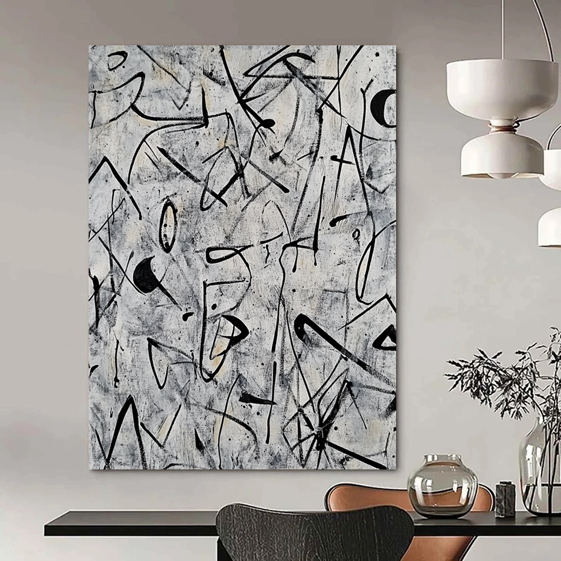 Contemporary abstract artwork featuring intricate doodles and shapes in black ink on a grey background inspired by Pollock and Basquiat. DLZ0628