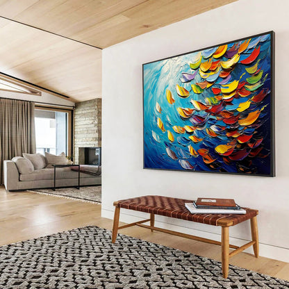 “Colorful Fish in 3D Waves” - Blue, Colorful Fish Shapes, Textured 3D - like Marine Painting On Canvas HB1096