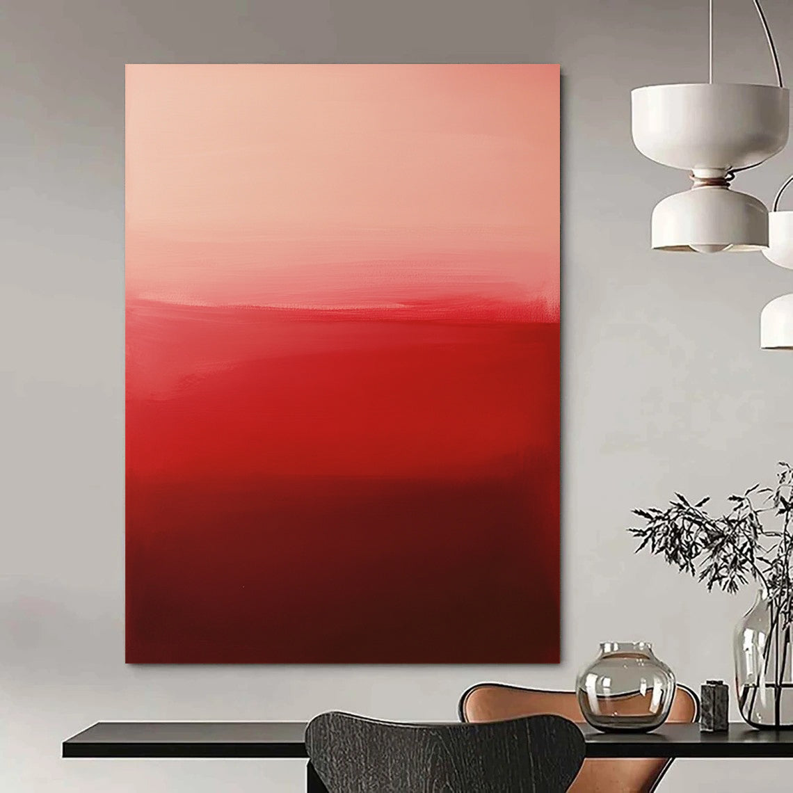 Contemporary hand-painted abstract artwork featuring vibrant red and pink gradients with evocative brushstrokes and minimalist design in negative space. DLZ1388