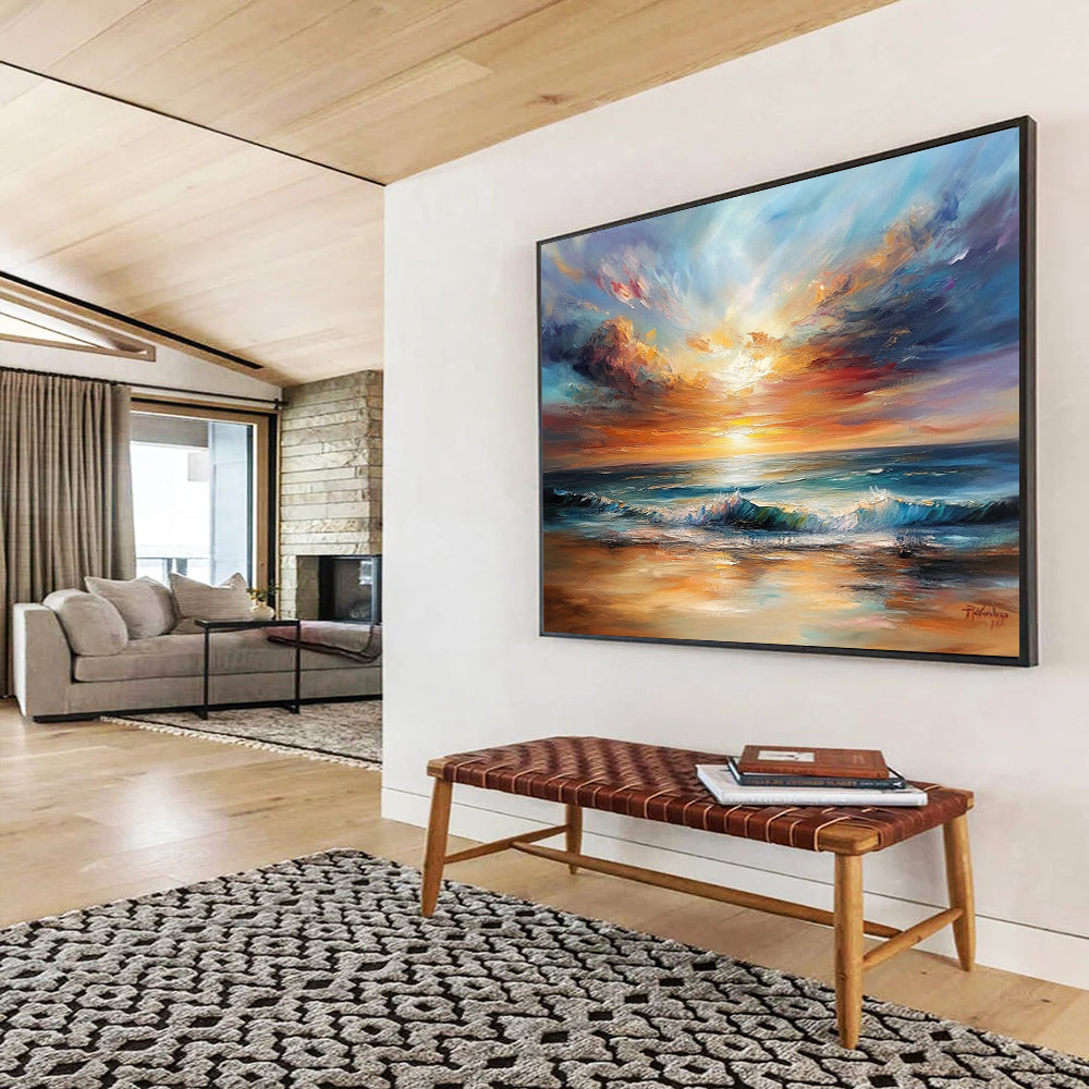 Golden - Hued Sea Sunset with Vibrant Skies - Impasto Seaside Painting On Canvas HB0444