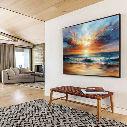 Golden - Hued Sea Sunset with Vibrant Skies - Impasto Seaside Painting On Canvas HB0444