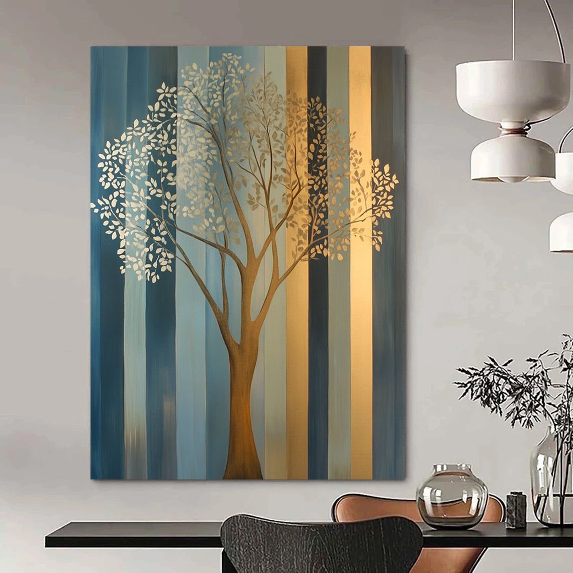 Contemporary hand-painted abstract artwork features an elegant tree in soft gold and silver tones against muted teal and geometric blue-gray stripes. DLZ1403