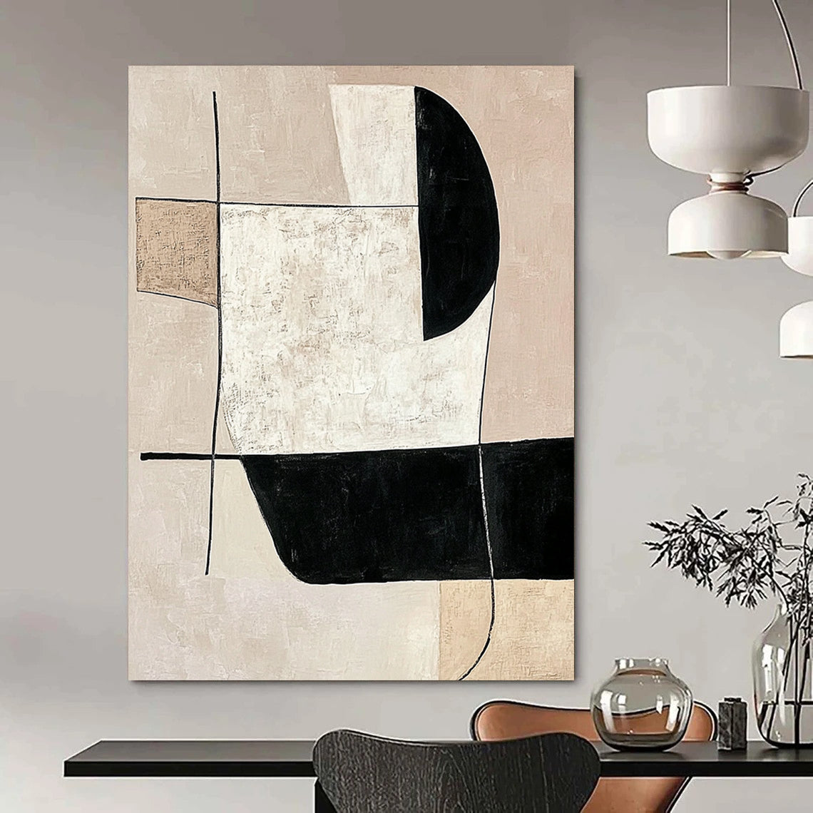 Contemporary abstract artwork featuring minimalist black and white shapes on a neutral beige background, emphasizing simple lines and modern elegance. DLZ1603