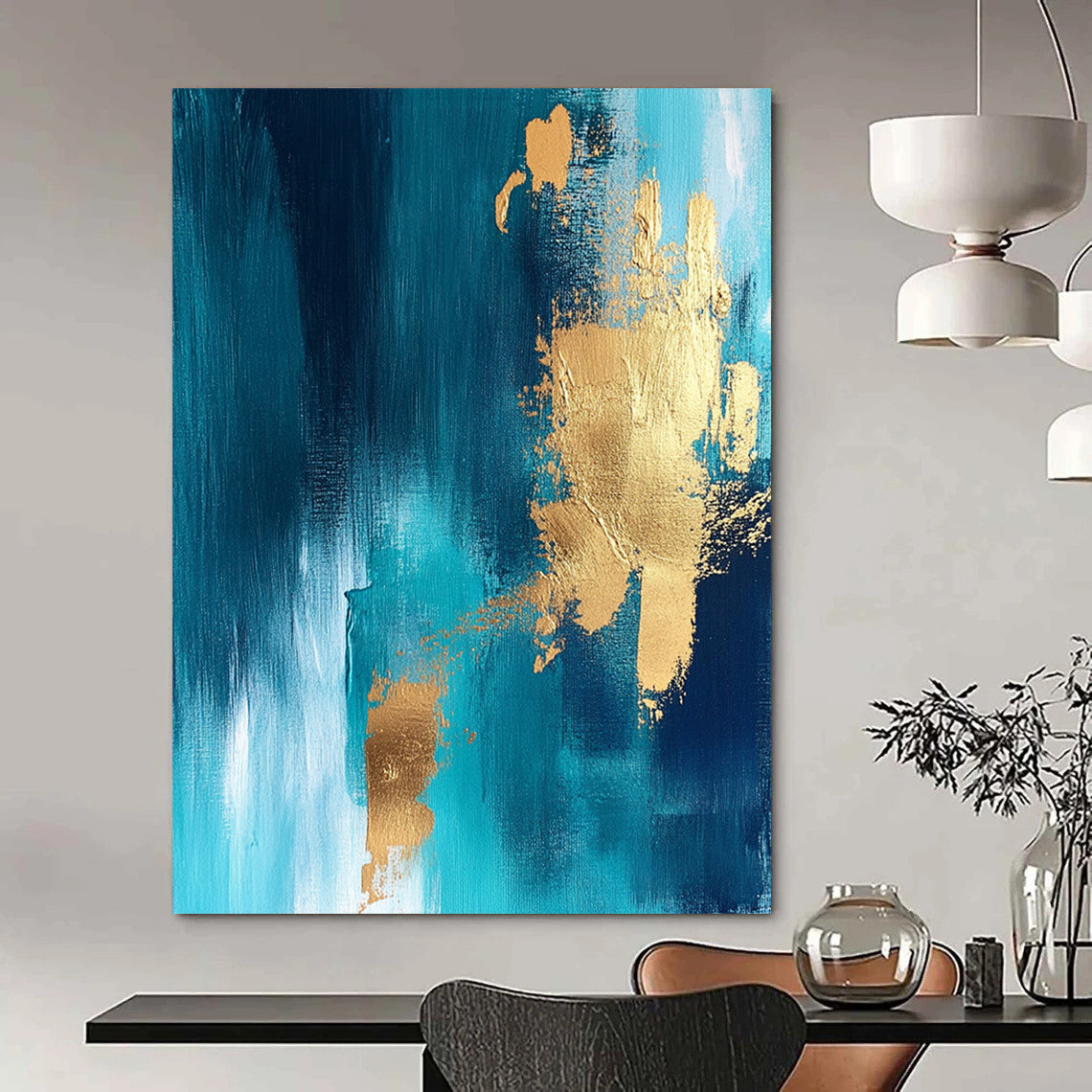 Contemporary abstract artwork featuring vibrant blue and gold foil accents against a rich teal background perfect for modern decor. DLZ0342