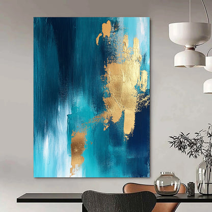 Contemporary abstract artwork featuring vibrant blue and gold foil accents against a rich teal background perfect for modern decor. DLZ0342