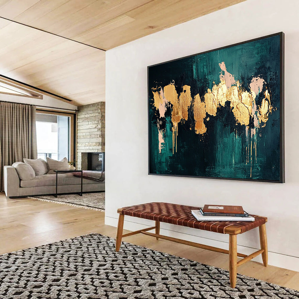 “Teal and Gold Abstract Drip” - Teal, gold, pink; Abstract drip painting with gold and pink; Acrylic Painting On Canvas HB1245