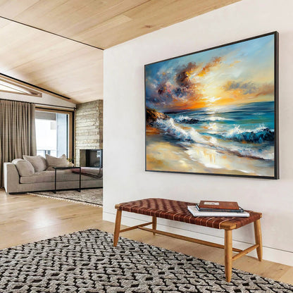 Sunset Beach with Crashing Waves - Expressive Impasto Seaside Painting On Canvas HB0441