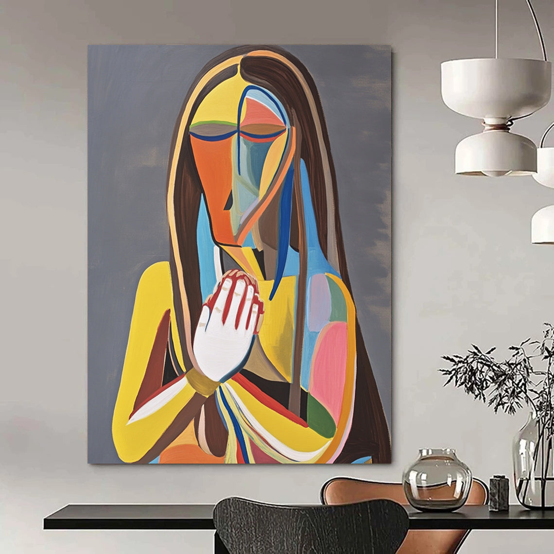 Contemporary abstract painting featuring a woman on a throne holding her chest in pain against a gray background with vibrant colors and bold lines. DLZ1381
