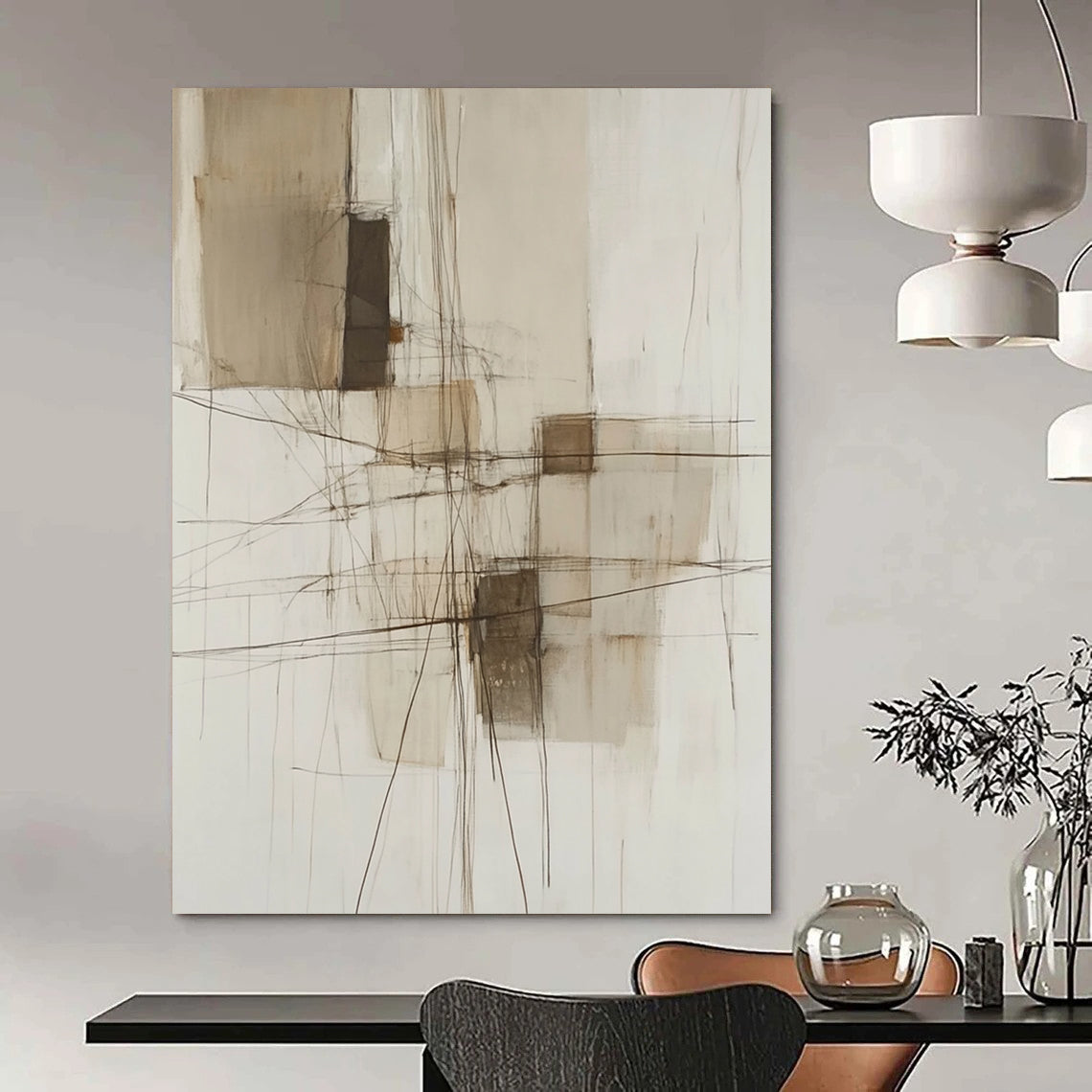 Contemporary abstract painting features neutral tones and soft lines with a wire structure and textures, enhancing its modern aesthetic. DLZ1047