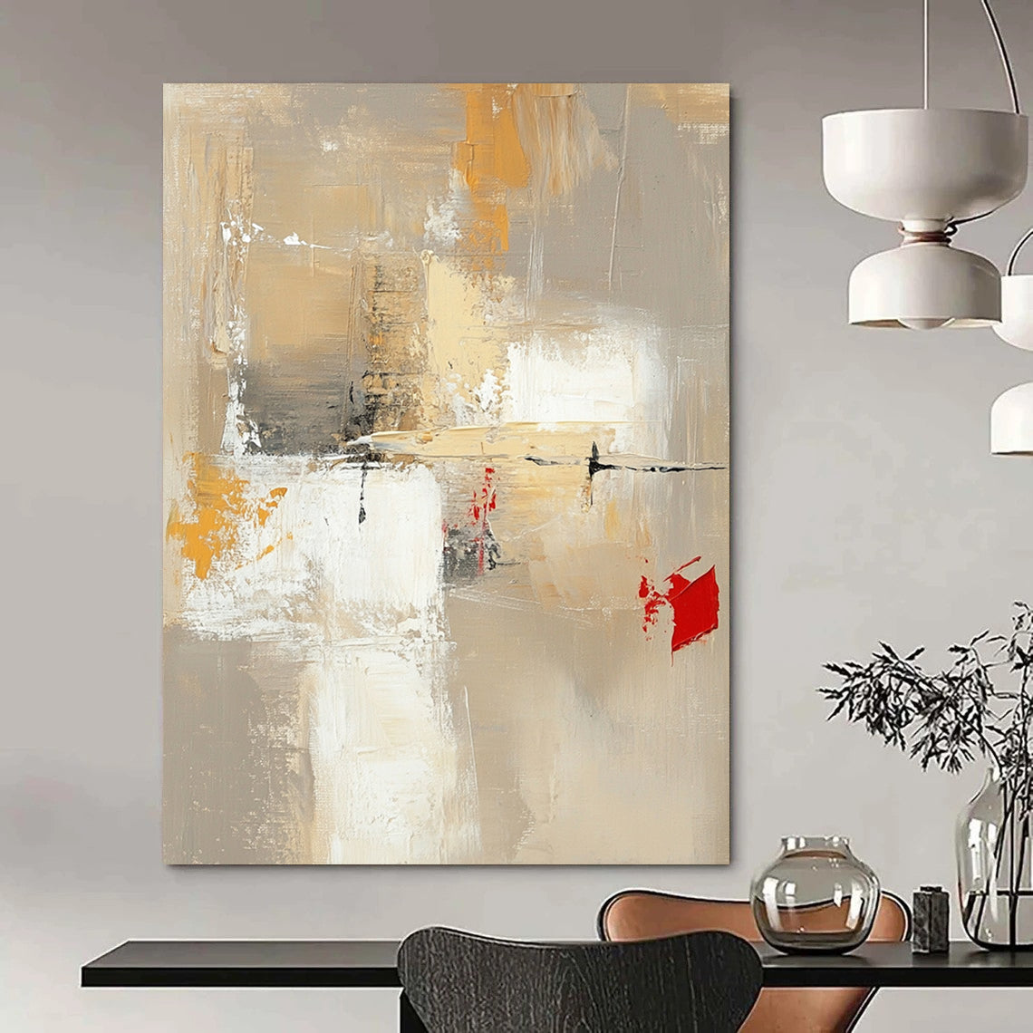 Contemporary hand-painted abstract artwork featuring neutral tones with red and yellow accents large white spaces and dynamic brush strokes and textures. DLZ0922