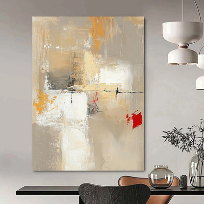 Contemporary hand-painted abstract artwork featuring neutral tones with red and yellow accents large white spaces and dynamic brush strokes and textures. DLZ0922