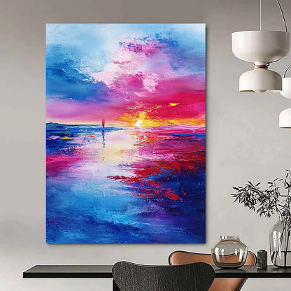 Contemporary hand-painted abstract art featuring a textured landscape of the sky and sea at sunset with vibrant shades of blue purple and red. DLZ0658