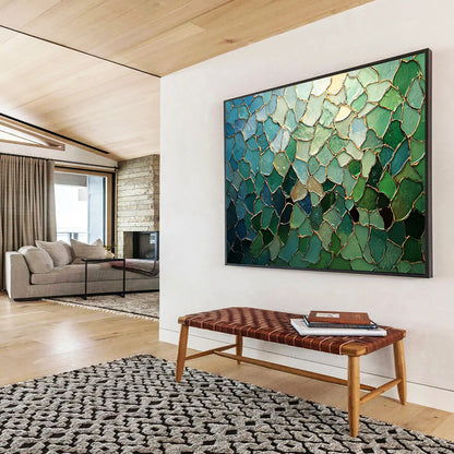 “Blue - Green Mosaic with Gold Lines” - Blue, Green, Gold, Irregular Mosaic Pieces - Mosaic Art HB1676