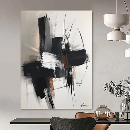 Large contemporary hand-painted abstract artwork featuring dark gray and light bronze shapes with soft edges and subtle textures in neutral tones. DLZ0314
