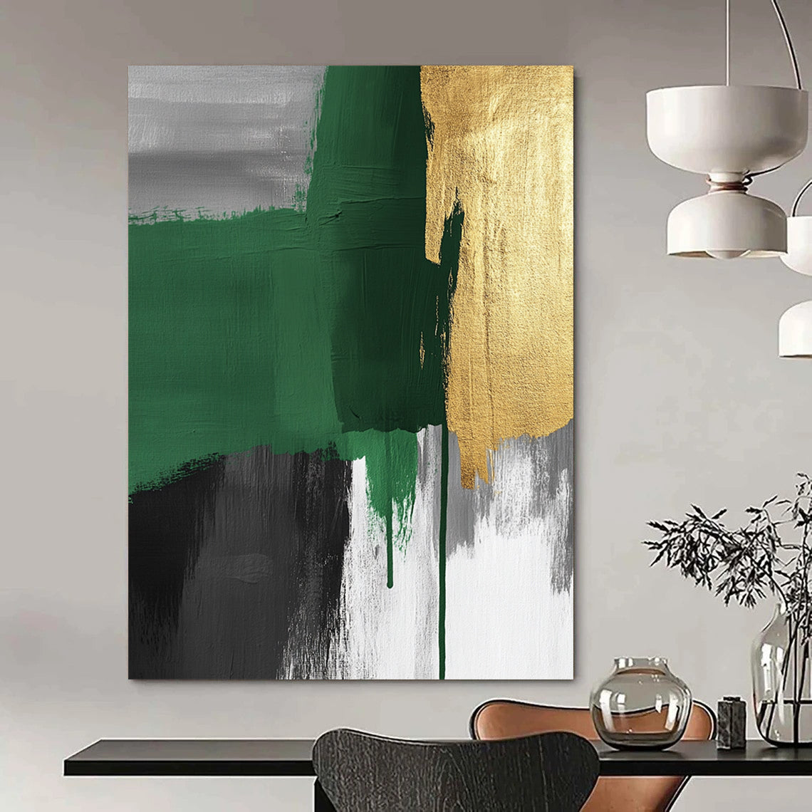 Contemporary hand-painted abstract art features green and grey brush strokes with gold accents and visible canvas texture, creating a striking surrealistic expressionist style. DLZ1626