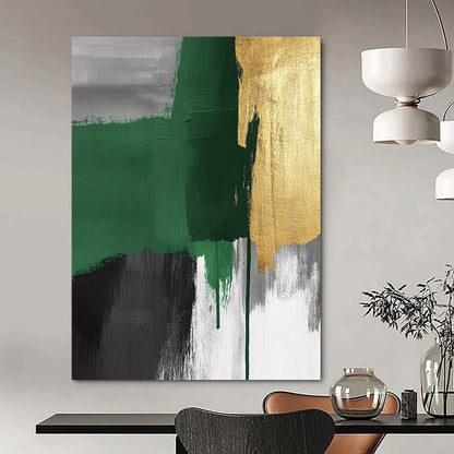 Contemporary hand-painted abstract art features green and grey brush strokes with gold accents and visible canvas texture, creating a striking surrealistic expressionist style. DLZ1626