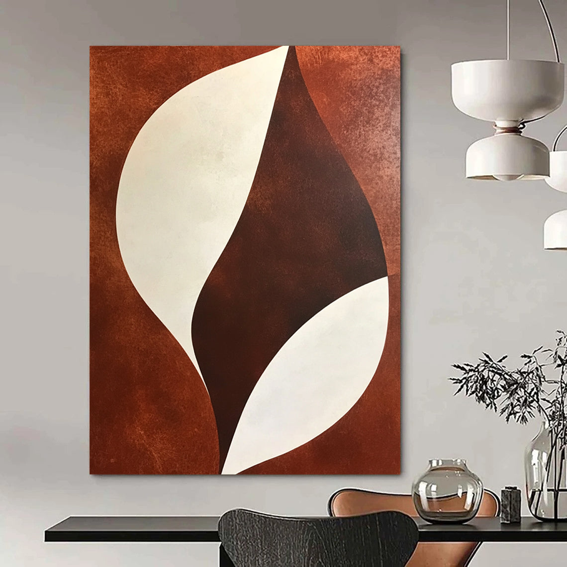 Large contemporary hand-painted abstract artwork featuring brown and white shapes with minimalist soft lines and geometric organic patterns. DLZ0979