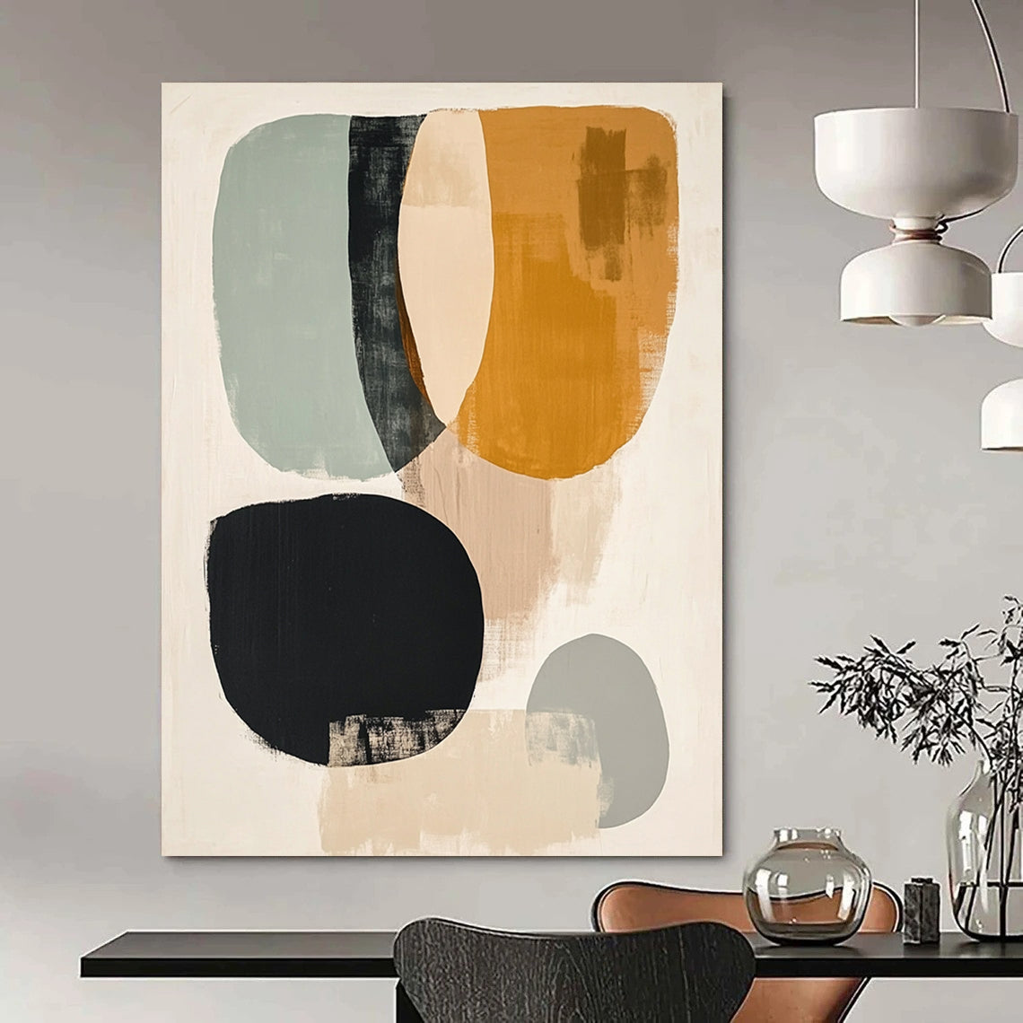 Contemporary hand-painted abstract art featuring muted colors black lines pale yellow circle sage green oval burnt sienna half-circles and gray circle on a white background. DLZ0799