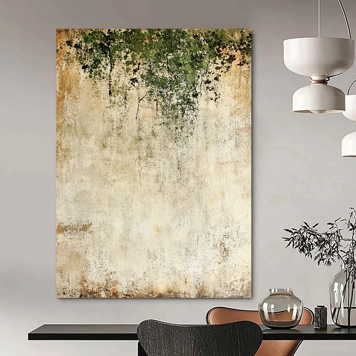 Contemporary hand-painted abstract backdrop features textured light beige and moss green with delicate dark flowers creating a unique artistic atmosphere. DLZ1722