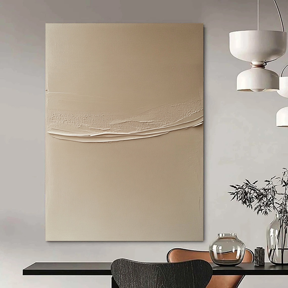 Contemporary abstract artwork featuring a beige wall with a delicate white line, highlighting contrasting textures and subtle shadows for depth. DLZ1434