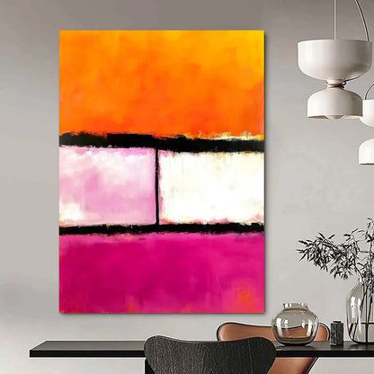Contemporary hand-painted abstract art featuring pink orange and white hues with two striking black lines in the center. DLZ1441