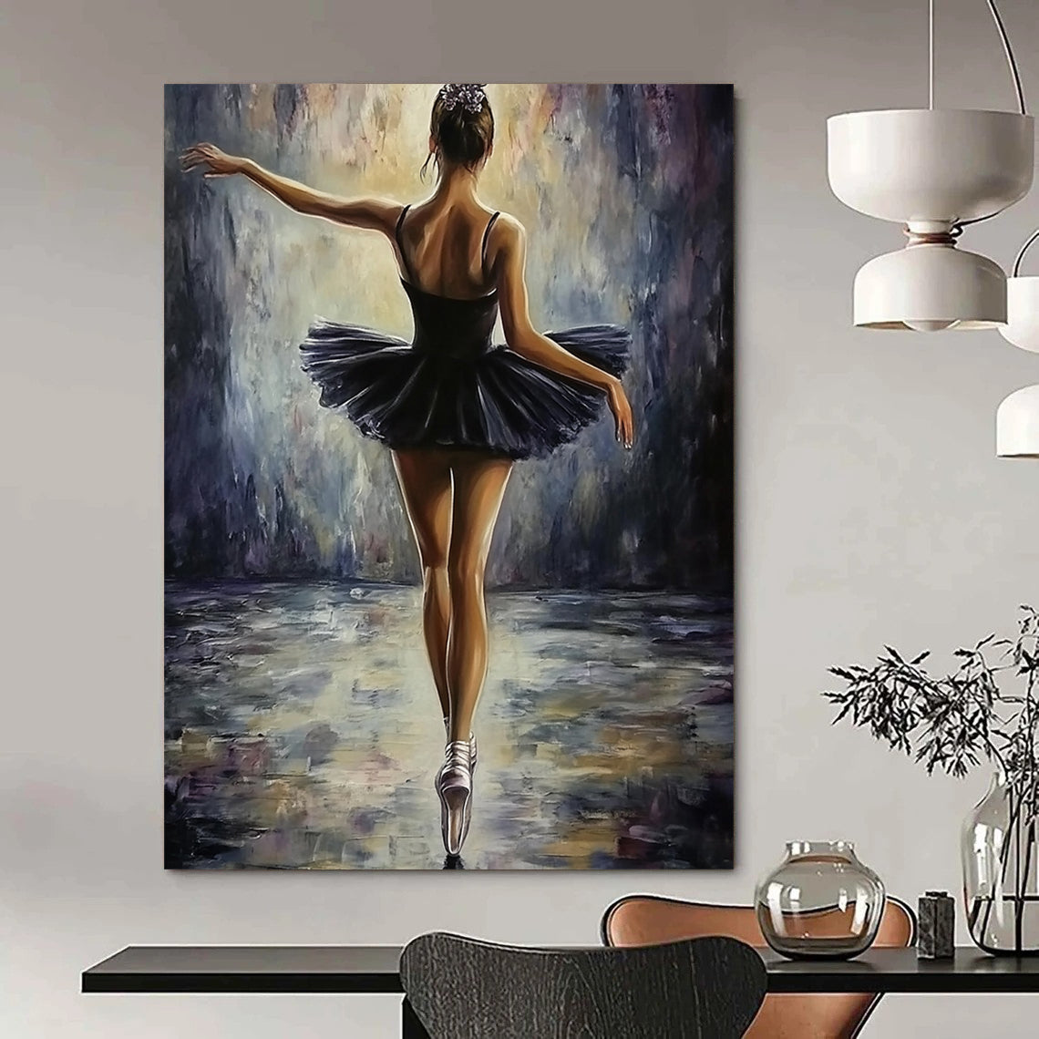 Contemporary abstract painting featuring a ballerina in a black dress, elegant pose, soft lighting, textured brush strokes, perfect for adding sophistication to any space. DLZ1672