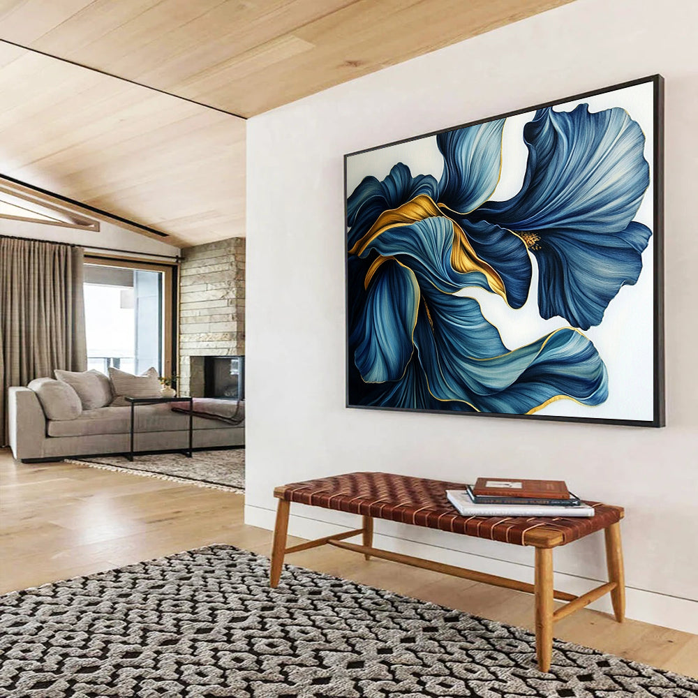 “Blue - Gold Petal Swirls” - Intricate blue petals with golden accents, Floral Realism Painting On Canvas HB0536