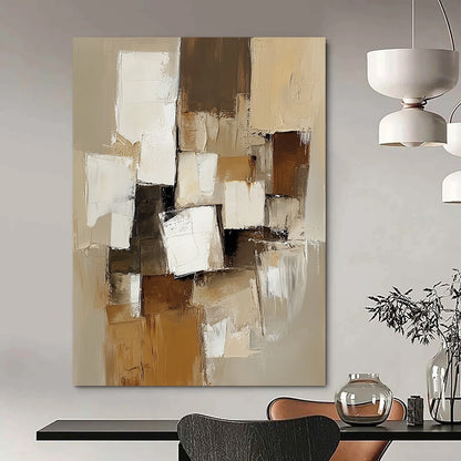 Large contemporary hand-painted abstract artwork featuring beige and white blocks with thick brush strokes in muted earthy tones for a calming and elegant ambiance DLZ0975