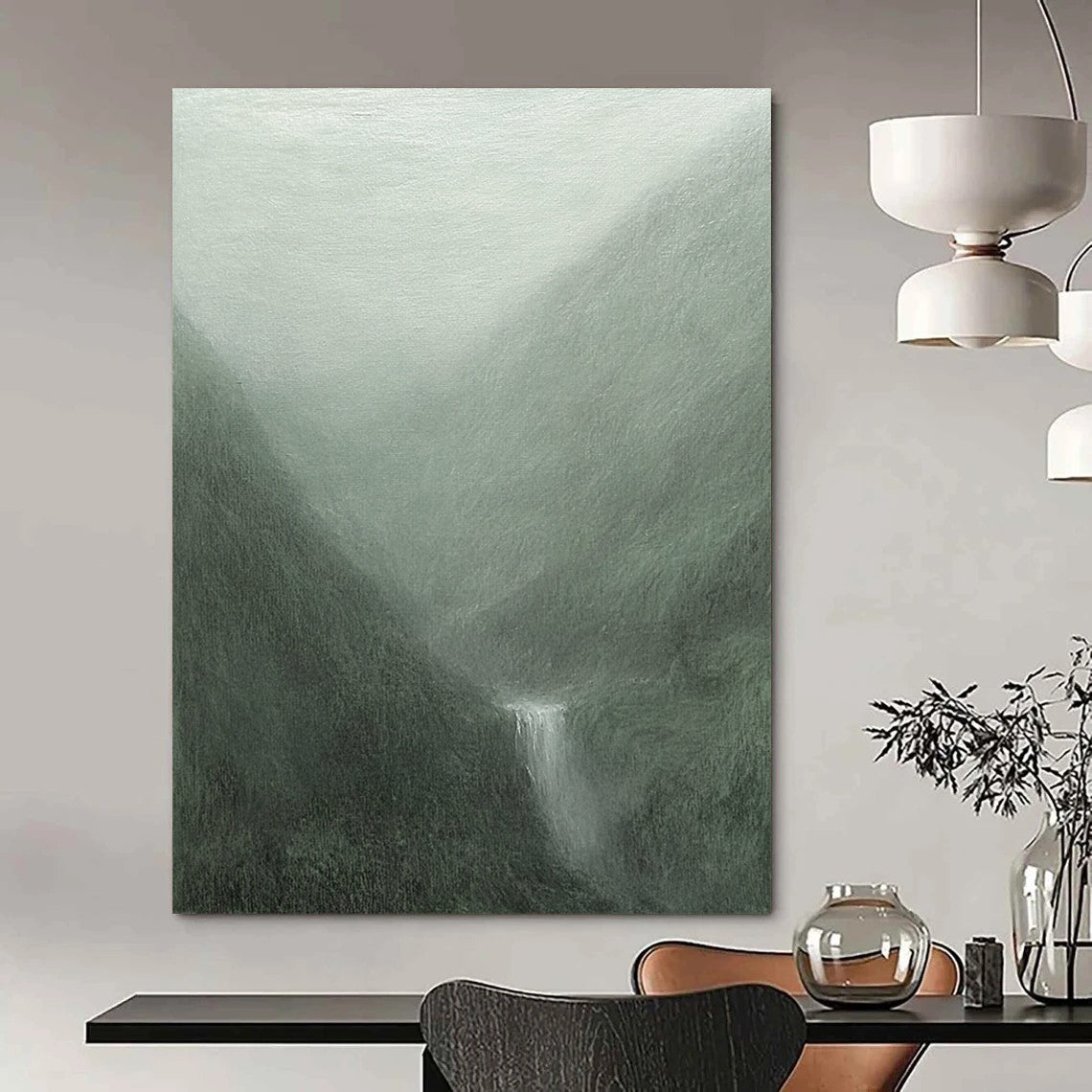 Contemporary abstract painting featuring misty mountains in gray-green hues with soft brushstrokes and a mystical waterfall flowing into a serene pool. DLZ1366