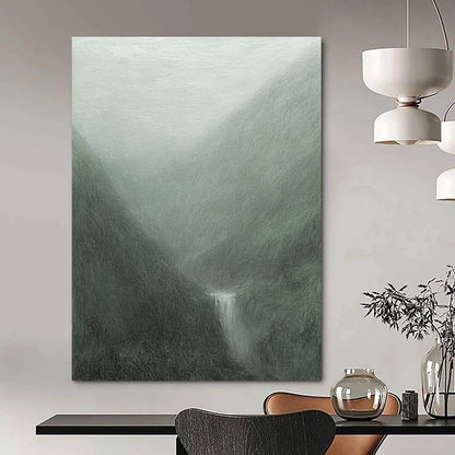Contemporary abstract painting featuring misty mountains in gray-green hues with soft brushstrokes and a mystical waterfall flowing into a serene pool. DLZ1366