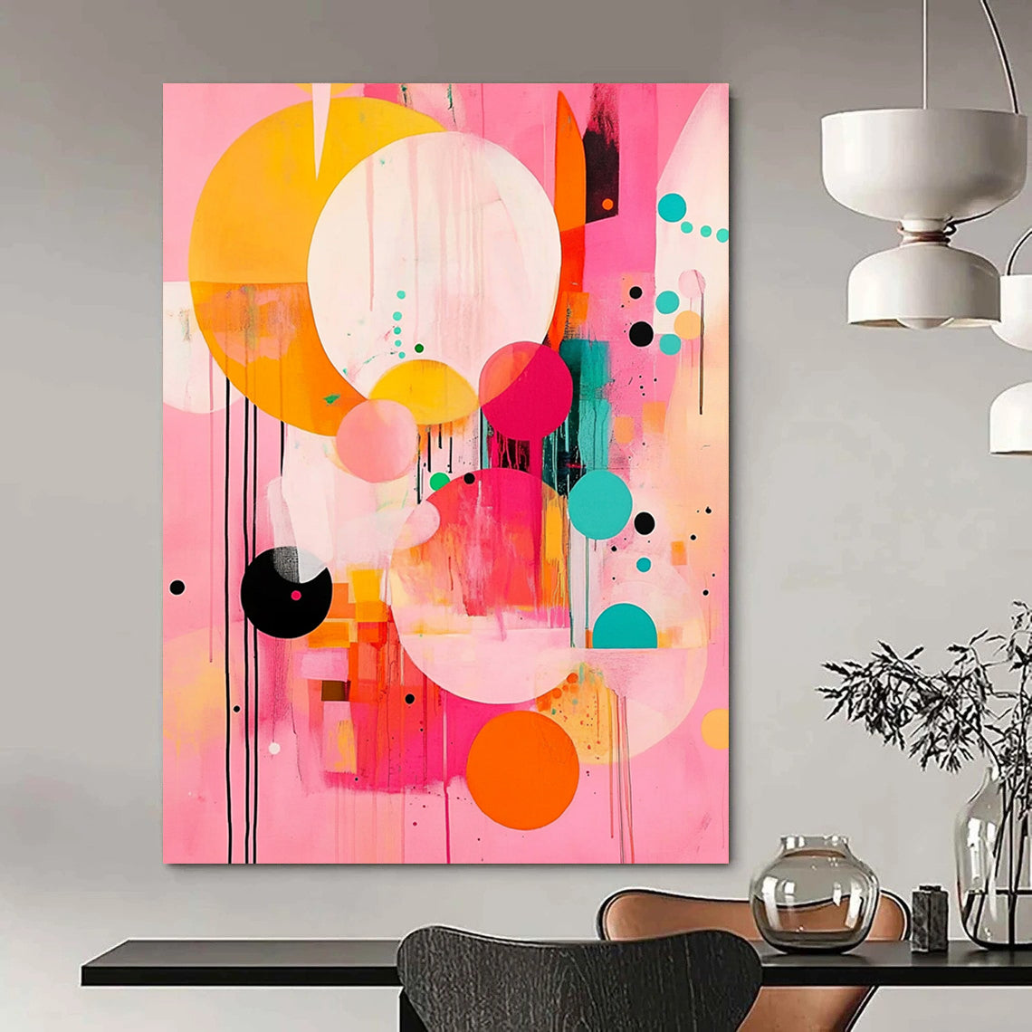 Contemporary abstract painting features large circles and colorful shapes on a pink background with black lines and orange accents in a joyful style. DLZ0763