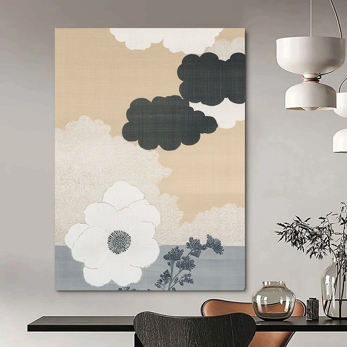 Contemporary abstract art features a beige and white cloud pattern on a gray ombre background with a large white flower and minimalist accents. DLZ1134