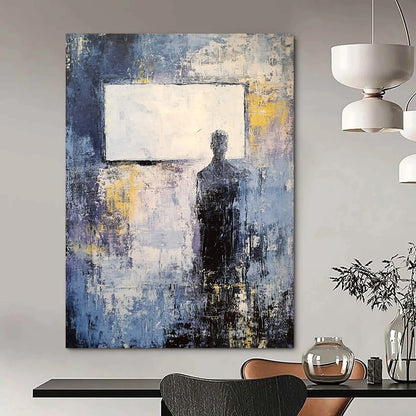 Large contemporary abstract painting featuring soft gray and blue tones with yellow accents and a vintage white rectangle on a dark grungy background. DLZ0503