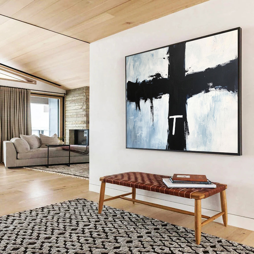 Black Cross with White 'T' on Blue - Symbolic Abstract Painting On Canvas HB0469