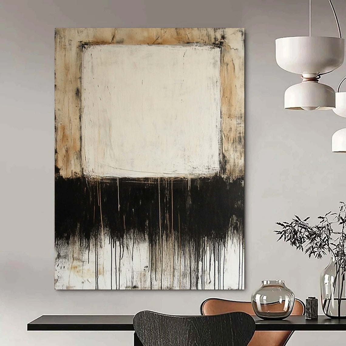 Contemporary large hand-painted abstract artwork featuring mixed media on canvas with thin oil paint lines and a prominent central white square. DLZ0685