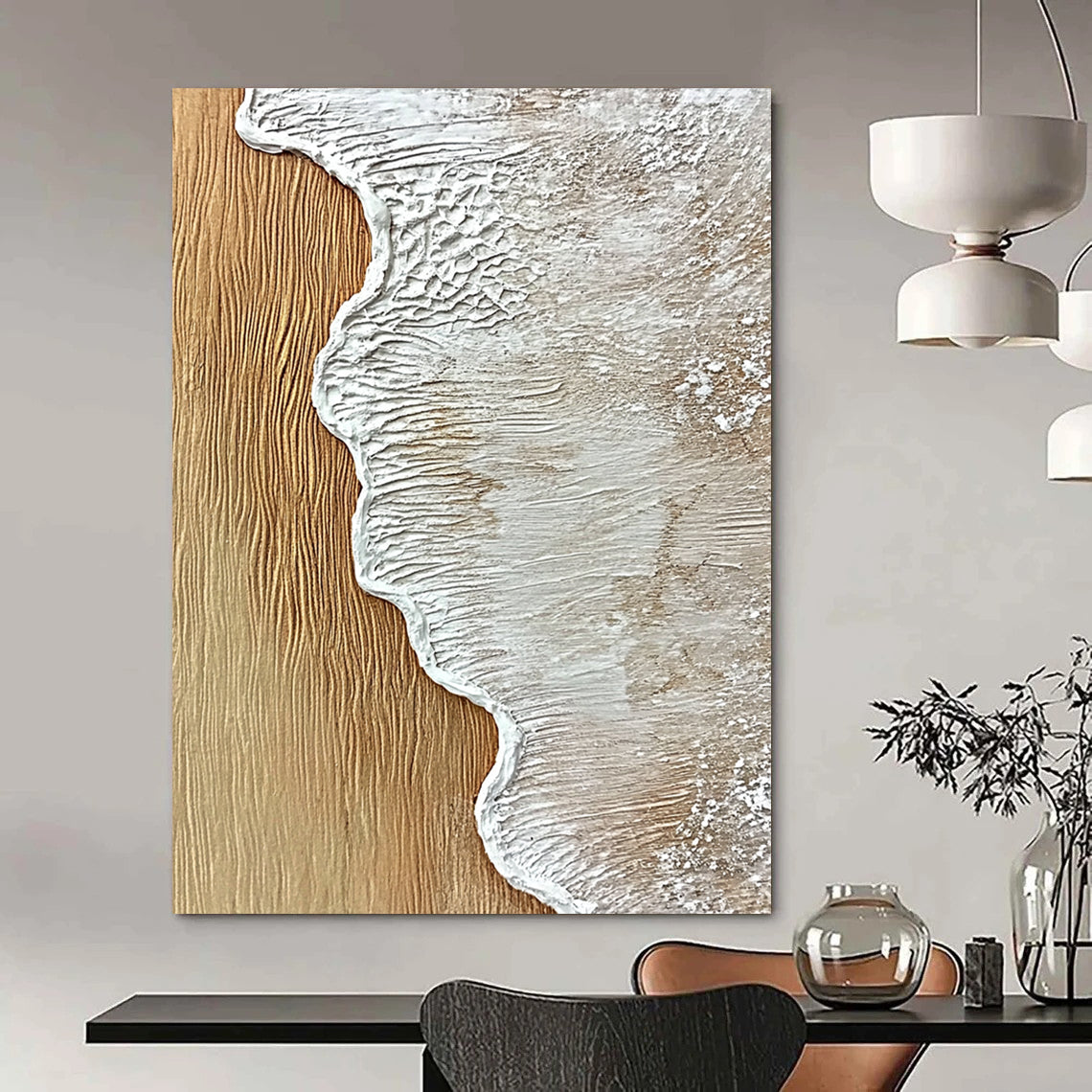 Contemporary hand-painted abstract artwork featuring textured sand and wood with ocean wave edge in white, capturing the essence of sea foam. DLZ1206