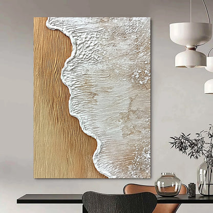 Contemporary hand-painted abstract artwork featuring textured sand and wood with ocean wave edge in white, capturing the essence of sea foam. DLZ1206