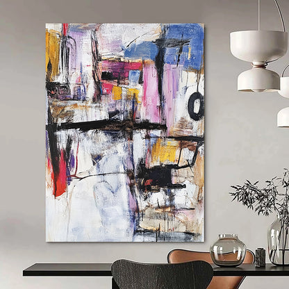 Contemporary abstract painting featuring vibrant shapes and textures in diverse colors, created with thick brush strokes and palette knife techniques in oil. DLZ0588