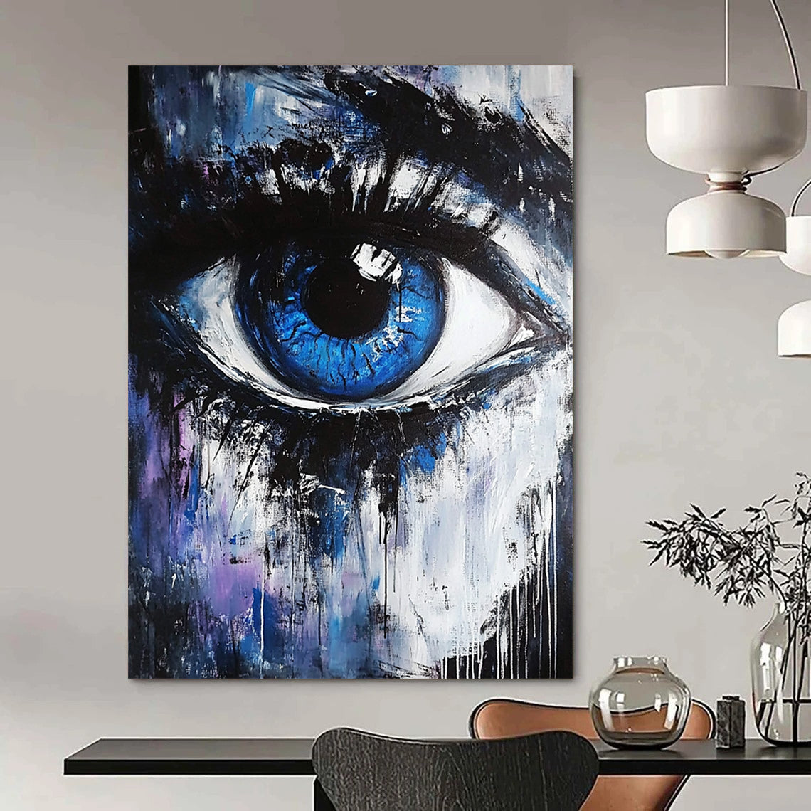 Contemporary abstract painting featuring a blue and white eye with black hints against a dark gray and light purple background, evoking emotional and magical themes. DLZ0952
