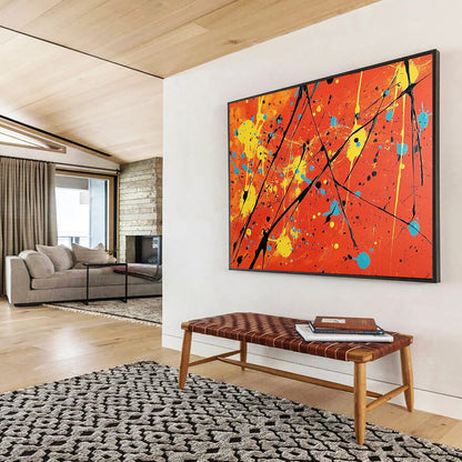 “More Colorful Splatter On Orange” - Orange, Yellow, Blue, Black, Abstract Expressionist Painting On Canvas HB0684