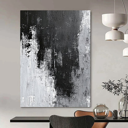 Contemporary hand-painted abstract artwork showcasing intricate gray and black textures with white wall effects and dynamic paint streaks and splashes. DLZ0395