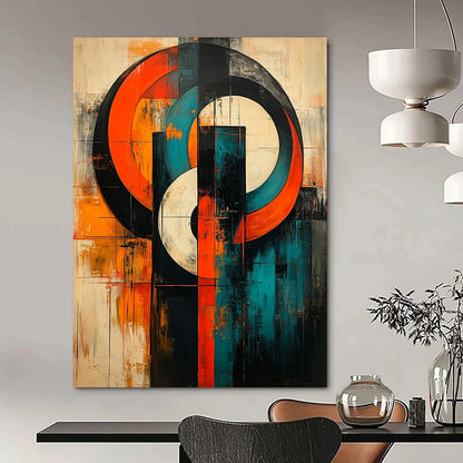 Bold contemporary abstract artwork featuring large circles and geometric lines in vibrant orange teal blue white black red and grey on canvas texture. DLZ1037