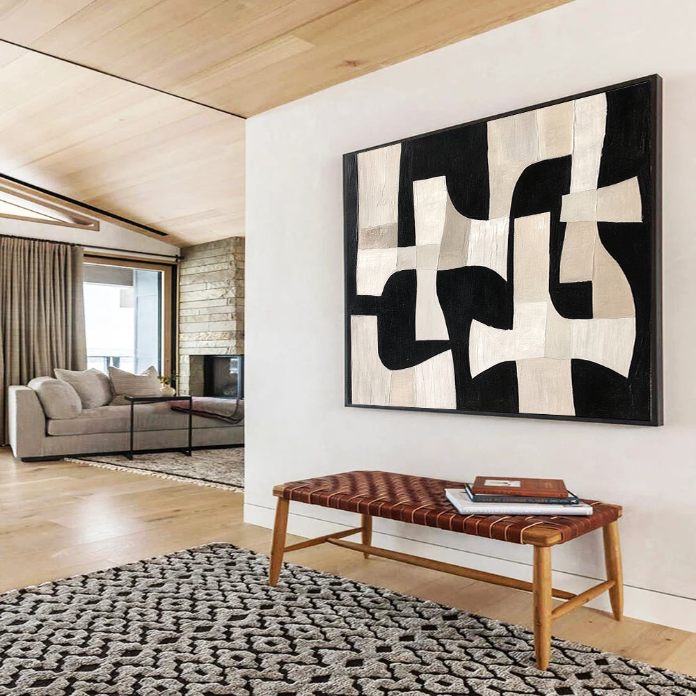 “Monochrome Geometric Interplay” - Black, White, Beige - Abstract Geometric Puzzle - Acrylic Painting HB1312