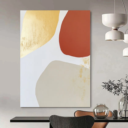 Contemporary abstract art features warm tones with an irregular oval shape, minimalist brushstrokes, and gold leafing on a light gray background. DLZ1518