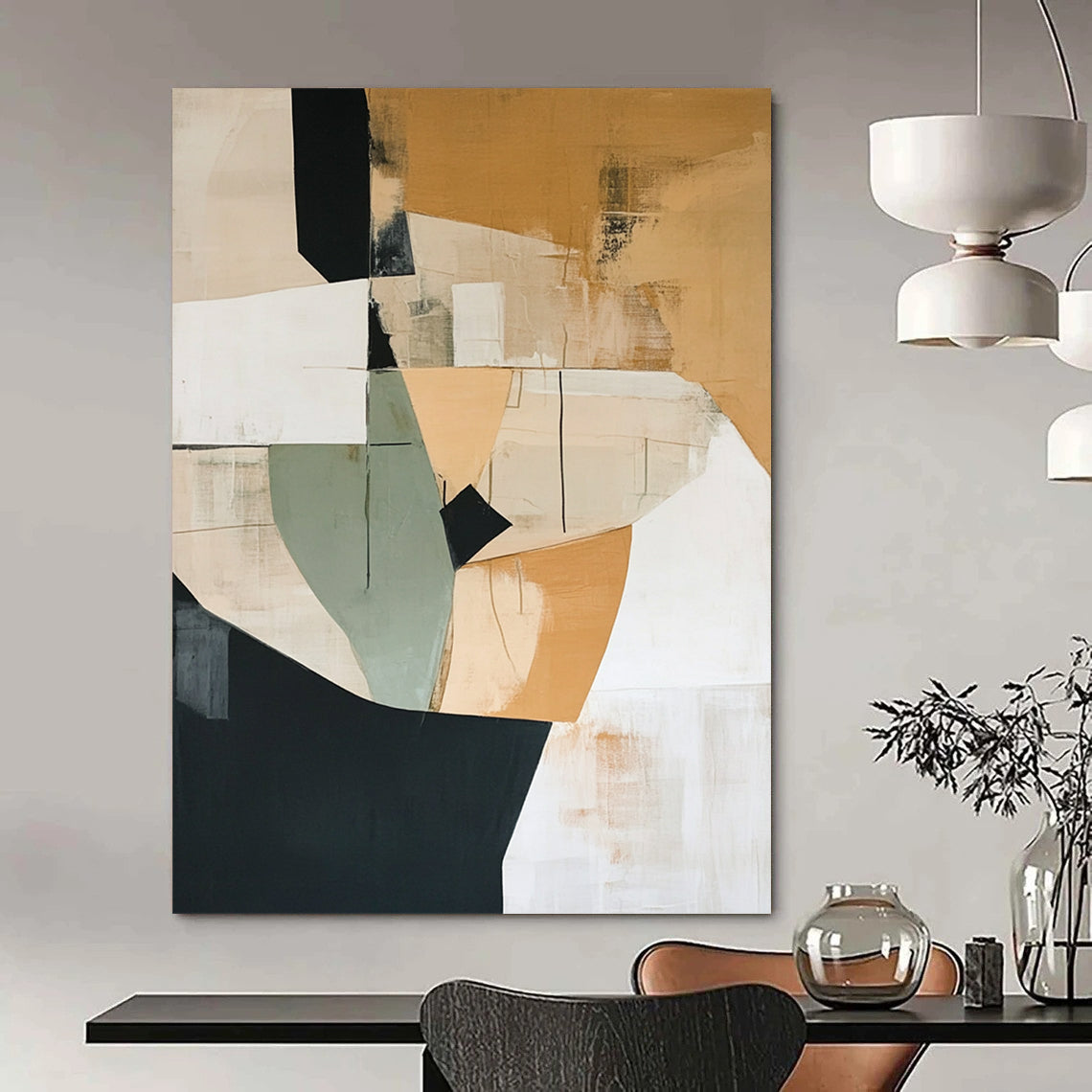 Contemporary abstract artwork featuring minimalist shapes in beige with green and black accents and generous white space invites harmony and balance into any space. DLZ0876